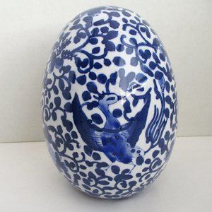 Large Decorative Porcelain Egg Flowers, Birds Blue & White 8" VTG Collectible